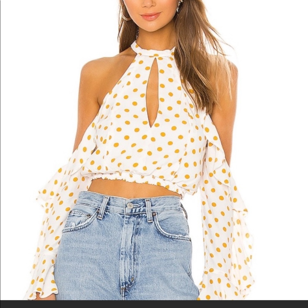 House of Harlow x Revolve polka dot off the shoulder long sleeve crop top